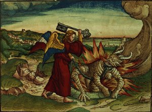 Jelenések 20:18 A feneketlen gödör kulcsa, 1. kiadás, a Luther Bibliából, 1530 körül (színes fametszet)